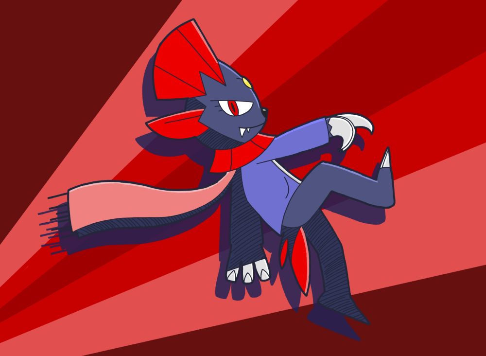 a weavile wearing a purple blueish jacket and a pink scarf in a dynamic pose. the art style uses hatching to shade and was inspired by sonic riders art