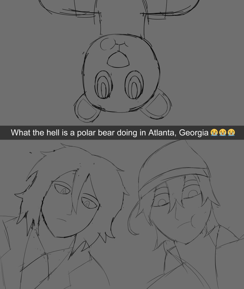 paula ursen, lost blackheart, and kyle carter-suzuki looking down at a phone camera while eating something. the image is captioned "what the hell is a polar bear doing in Atlanta, Georga 😭😭😭"
