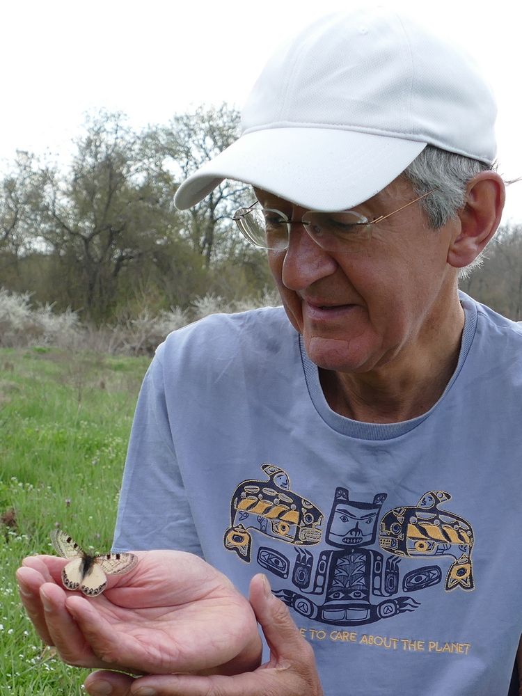 Dr Martin Warren from Butterfly Conservation Europe, holding a False Apollo butterfly during a Greenwings tour in Greece.