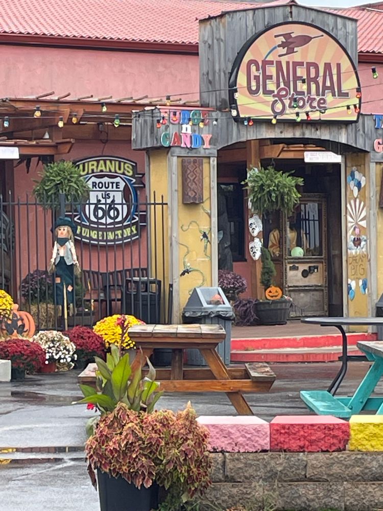 The infamous tourist trap called Uranus just off of I44 in Missouri. They sell fudge. They have endless potty humor. Picture shows a colorful building from whence your fudge will be obtained. 