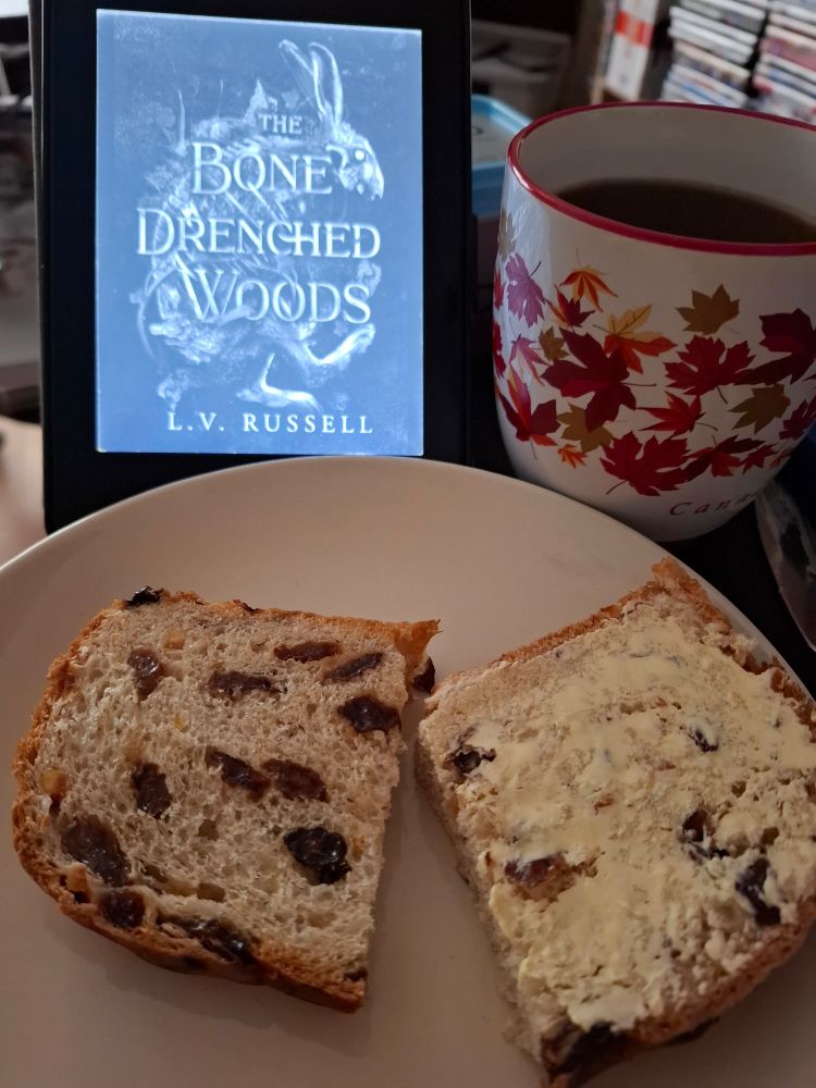 Kindle showing the cover of The Bone Drenched Woods,  also a mug of coffee and a slice of barmbrack on a plate