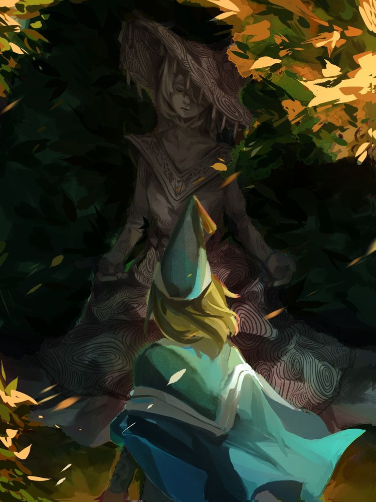 Coco from Witch Hat Atelier looking at a statue of herself in her brim-hat outfit, semi-concealed in a thick bush. The statue has an inviting gesture of the hands, as if beckoning her to join the outlawed brim-hat faction. The leaves are yellowing around them, signalling autumn. 