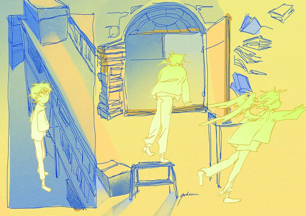 A horizontal triptych illustration of an original character. The first frame depicts them perusing through bookshelves. The second frame depicts them perched on a stool, looking out the window. The third frame shows them running toward something outside of the frame, clumsily knocking over a stack of books. 