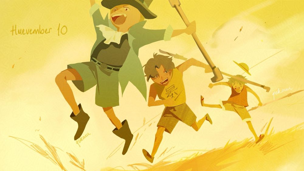 An illustration of Sabo, Ace and Luffy as children. Lead by Sabo, the brothers happily scamper off on an adventure somewhere to the left of the frame. The three are carrying their metal pipes, kicking up grass as they go. The overall hue is yellow and nostalgic.