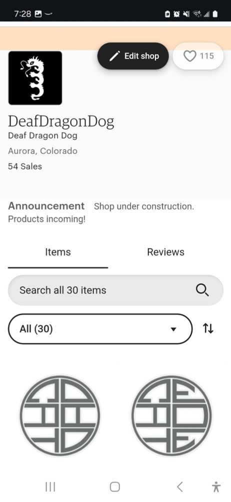 Top of Etsy store page for DeafDragonDog. With the first 2 listings that reads 'Cat Dad' and 'Cat Mom' in form of mock or fake Feng Shui symbol. Both are in black.