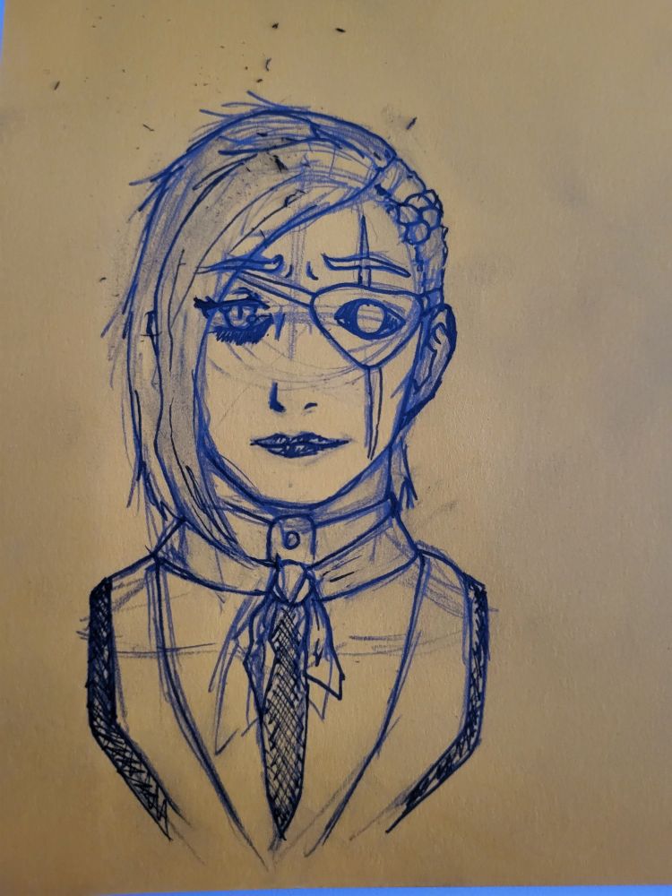 Ink sketch of a human female character with a pained smile on her face. Her lips are black and there is a small indication of a smile on one side of her mouth. 
She has bag under her right eye that indicates she's neglecting her health and she has an eyepatch over her left eye. 
The eyepatch is decorated with a gem embedded to make it look like eye. Peeking from under the eyepatch is a long, straight scar that goes down the length of the left side of her face, from near the scalp to her jawline.
Her hair is neck length, with a bang that hangs over on the right side, her left side is mostly shaved with a single tight braid going back on her scalp.
She is wearing a formal fit containing a buttoned up shirt, a black trimmed vest and a ribbon neckpiece with short tails.
