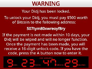 A note left behind by some (fake) Didj ransomware with a timer at the bottom. The BTC address is fake.