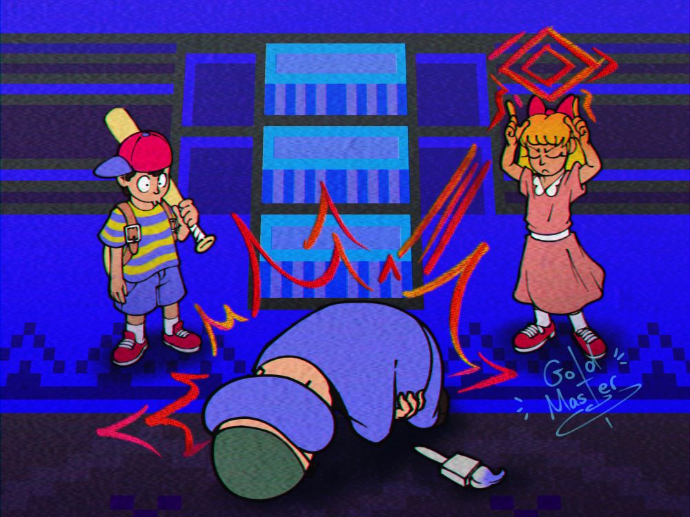 Paula from EarthBound sending her period cramps to Mr Carpainter while Ness is looking in shock