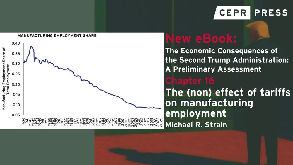 Graph of the decline in the share of manufacturing employment in the US from 1939-2025.