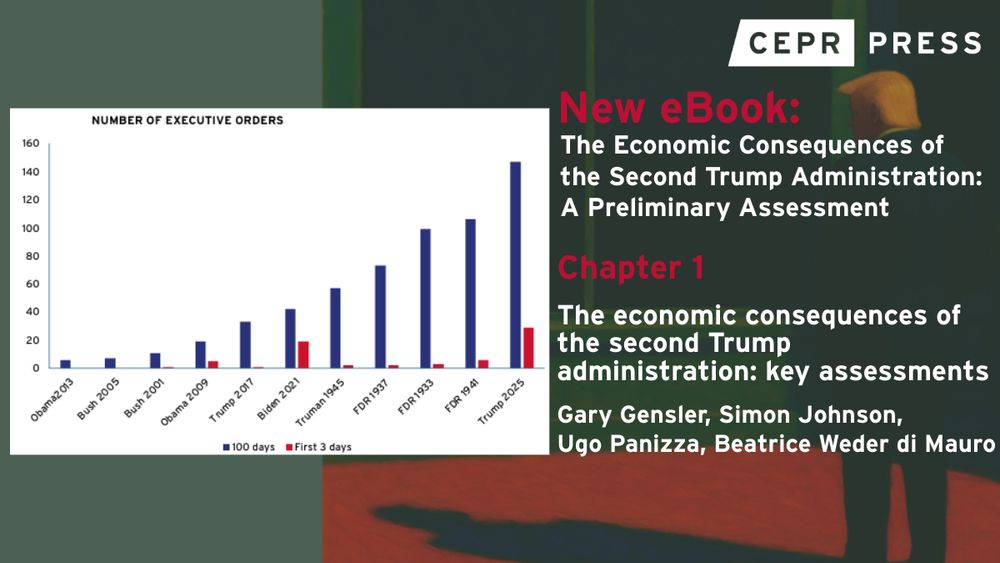 A graph of the number of executive orders signed by presidents throughout American history, showing that Trump 2025 signed both the most in 100 days and the most in the first three days.

The graph comes from the first chapter of the new CEPR eBook: The Economic Consequences of the Second Trump Administration: A Preliminary Assessment. The book is edited by and the first chapter written by Gary Gensler, Simon Johnson, Ugo Panizza, and Beatrice Weder di Mauro.