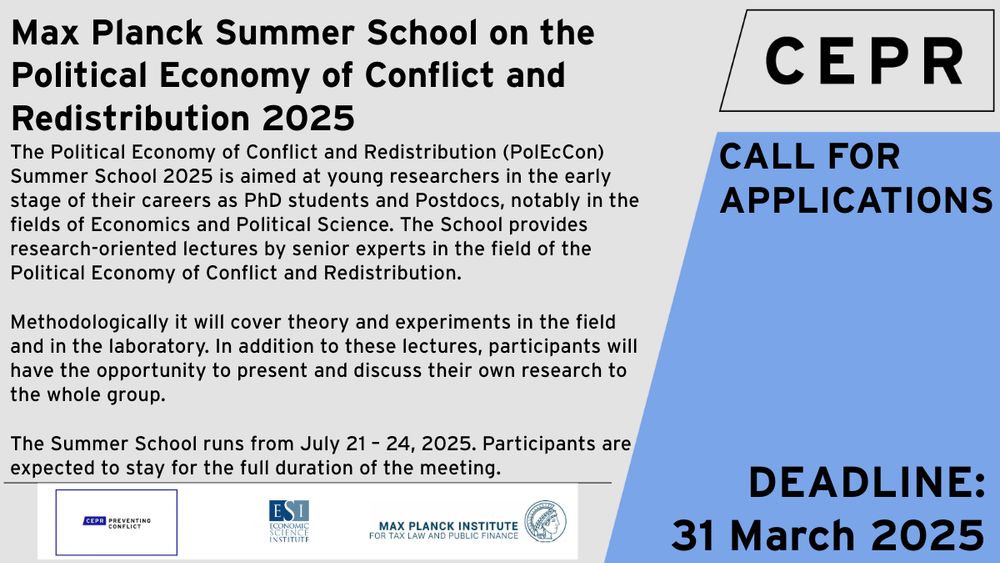 The Political Economy of Conflict and Redistribution (PolEcCon) Summer School 2025 is aimed at young researchers in the early stage of their careers as PhD students and Postdocs, notably in the fields of Economics and Political Science. The School provides research-oriented lectures by senior experts in the field of the Political Economy of Conflict and Redistribution.

Methodologically it will cover theory and experiments in the field and in the laboratory. In addition to these lectures, participants will have the opportunity to present and discuss their own research to the whole group. There will also be a panel discussion by the Summer School lecturers. Opportunities will also be available for work and discussion in informal groups that might lead to collaborative research efforts among the participants.

The working language of the Summer School is English.