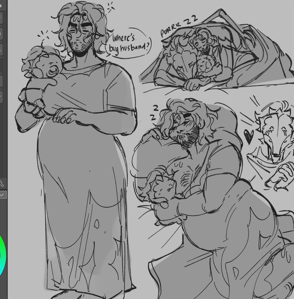 lazy sketches of jayce being egg pregnant and sleepy and holding his little bug baby and sleep like with big bughusband