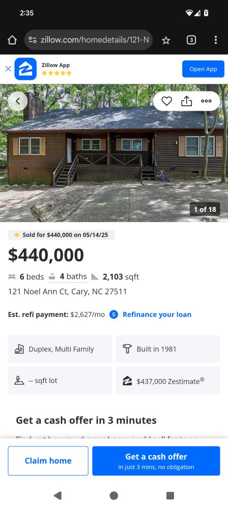 Zillow listing for a 6/4 duplex sold for $440,000