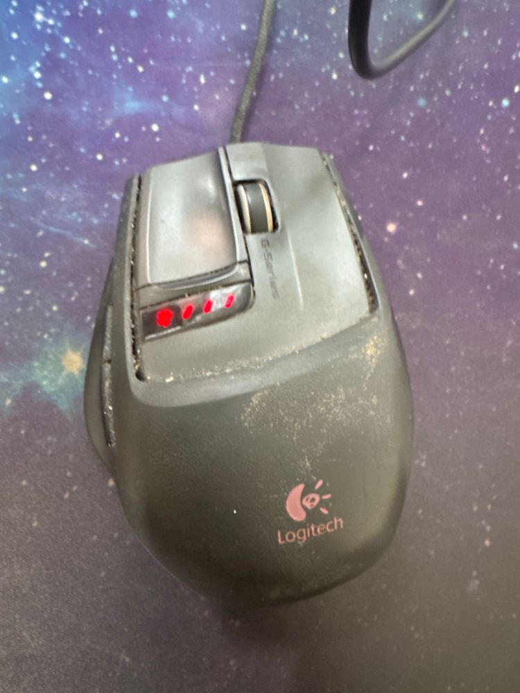 A logitech G-series weighted gaming mouse.