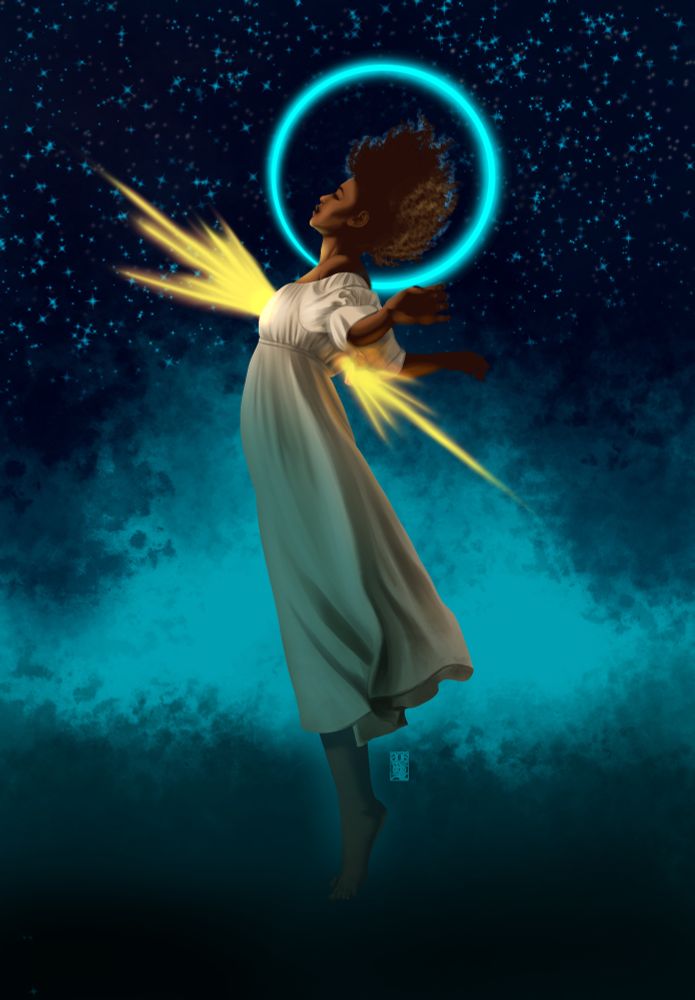 An illustration of a black woman in a long flowing white dress against an abstract starry sky. Her curly hair is haloed in blue while a bolt of glowing yellow light pierces her chest.