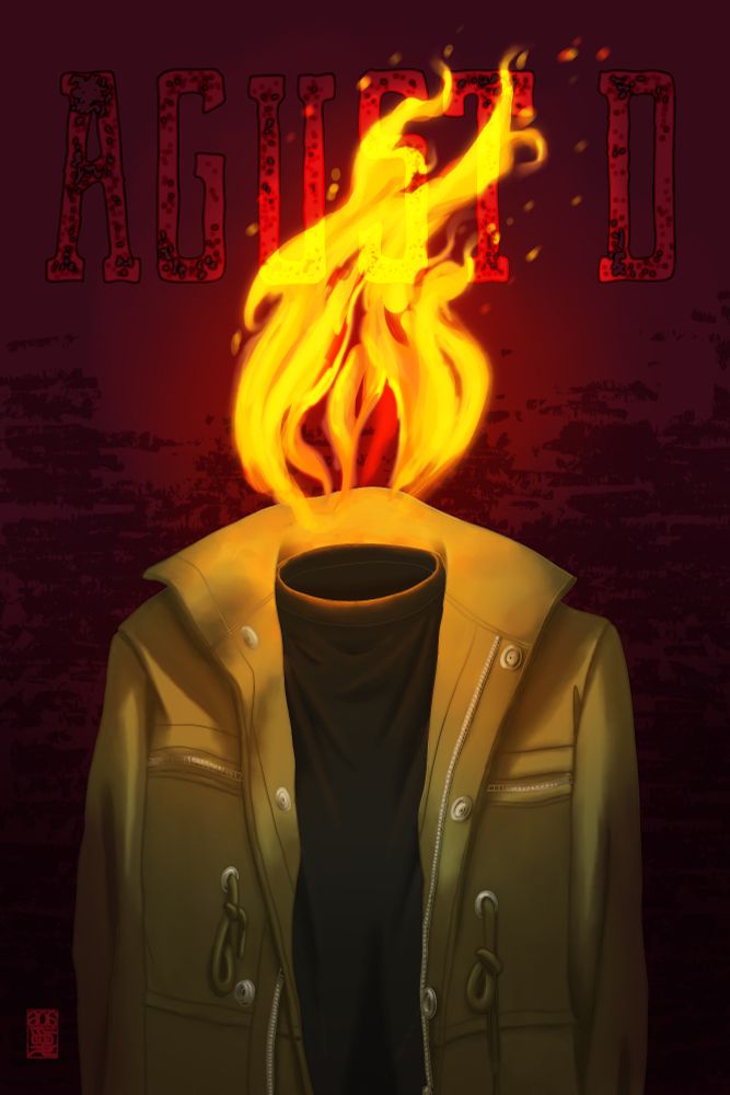 An illustrated poster featuring a figure in an olive colored canvas, vaguely military type jacket over a black shirt, with a ball of flame where the head should be. Above the flame in big blocky eroded letters reads "Agust D".