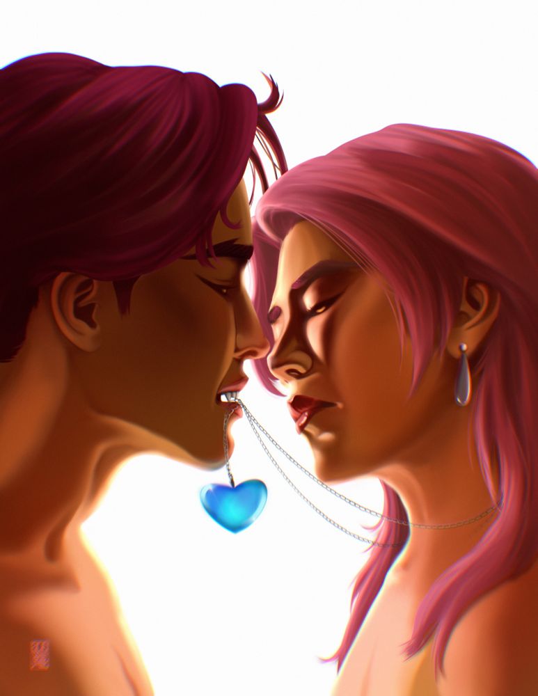 Abby Saja and Romance Saja sharing an intimate moment as Abby catches the chain of Romance's necklace between his teeth. Both are shirtless and backlit by a white background.