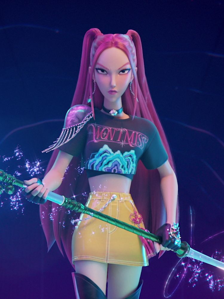 Official art of Mira from Kpop Demon Hunters standing against a dark blue background while hold her weapon across her body in front of her, getting ready to attack.