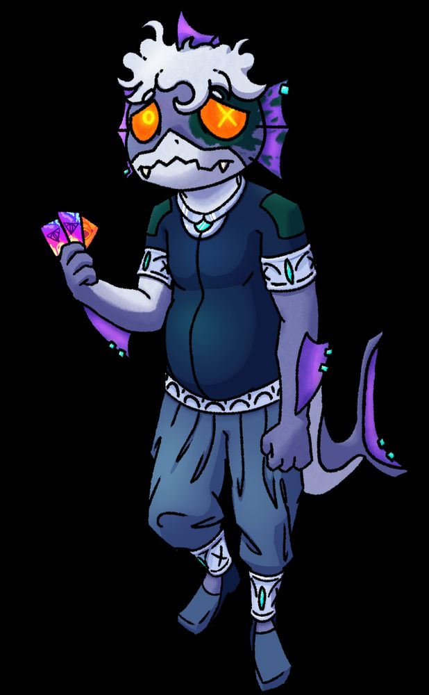 A weary anthro fish with orange eyes and gray skin. They wear a wetsuit and silver cuffs around their ams and legs. Theyre also holding a few playing cards.