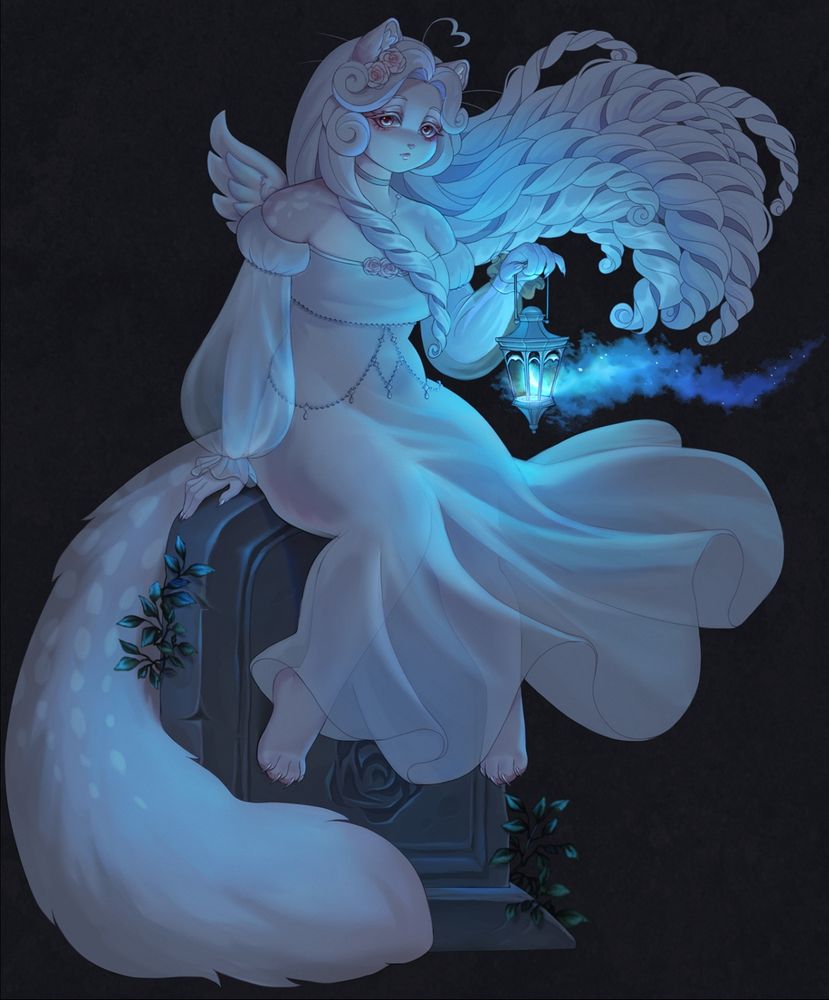 A feline furry with wings and a long tail holding a glowing lantern as she sits on top of a tombstone with a rose carved on it.