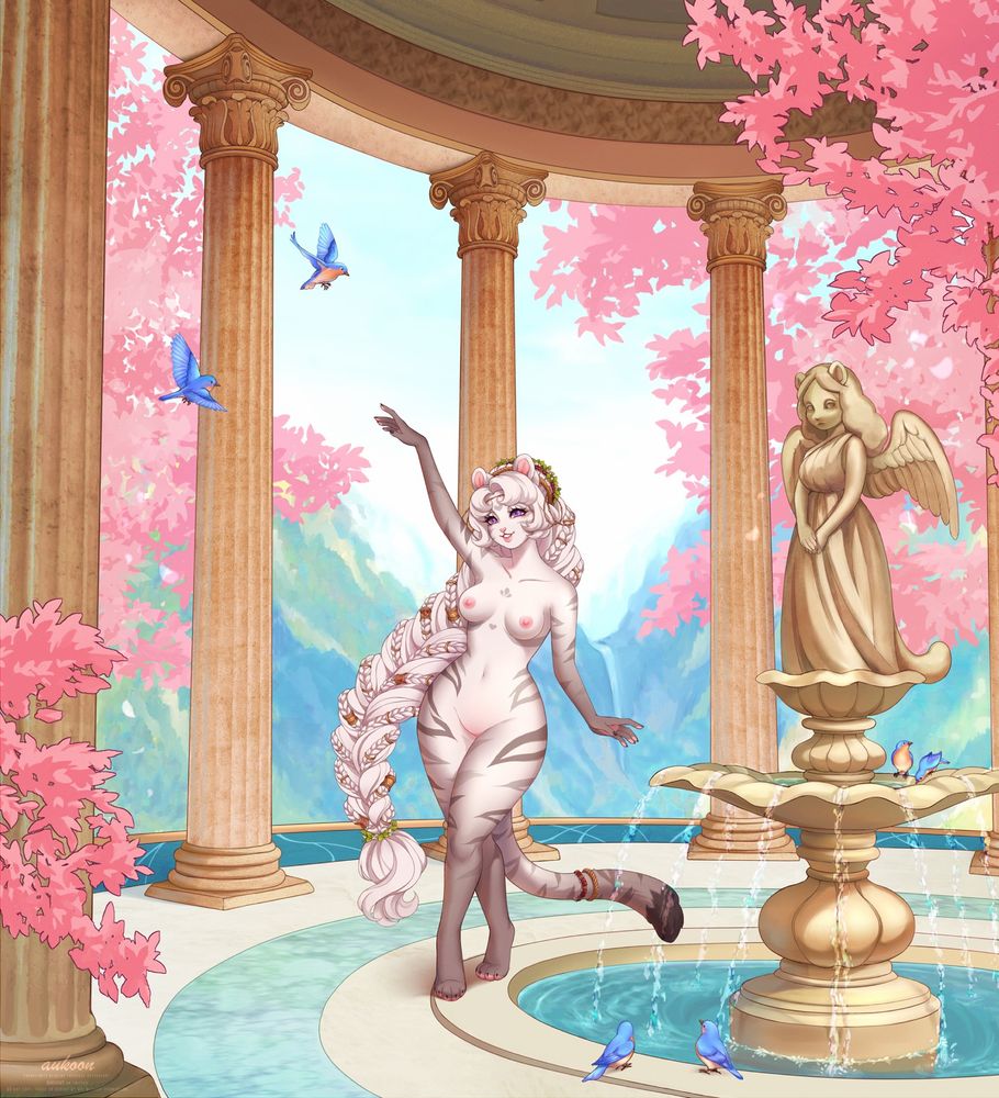 A tiger dancing by a fountain with pillars and mountains in the background.