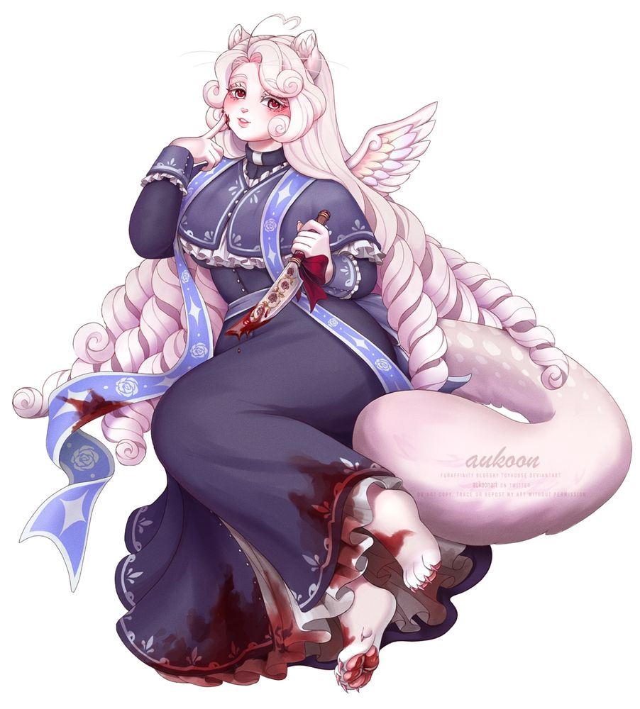 A feline character with wings stained with blood, looking unaffected and sleepy, holding a bloody dagger.