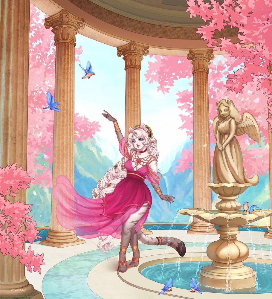 A tiger in a pink outfit dancing by a fountain with pillars and mountains in the background.