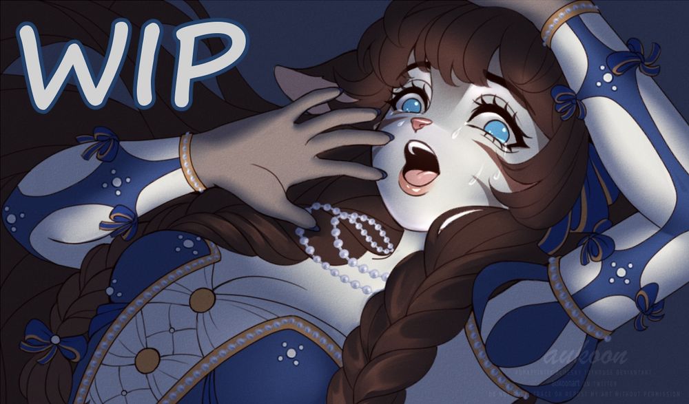A WIP of the current commission I'm working on, a cat furry in a blue and white dress crying and holding both her hands up to defend herself in fear.
