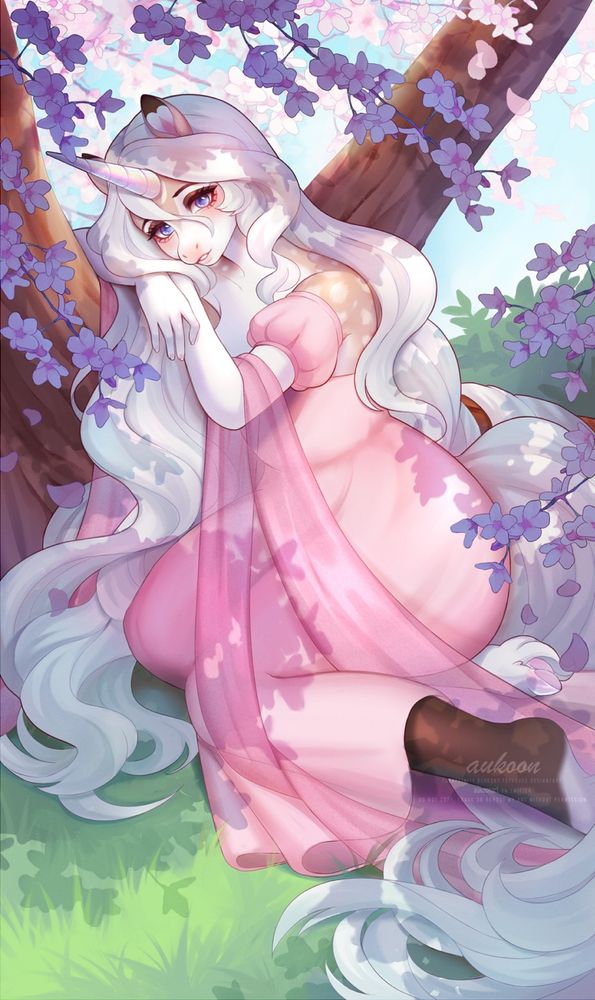 A unicorn with long hair laying her head on the trunk of the cherry tree she is under.