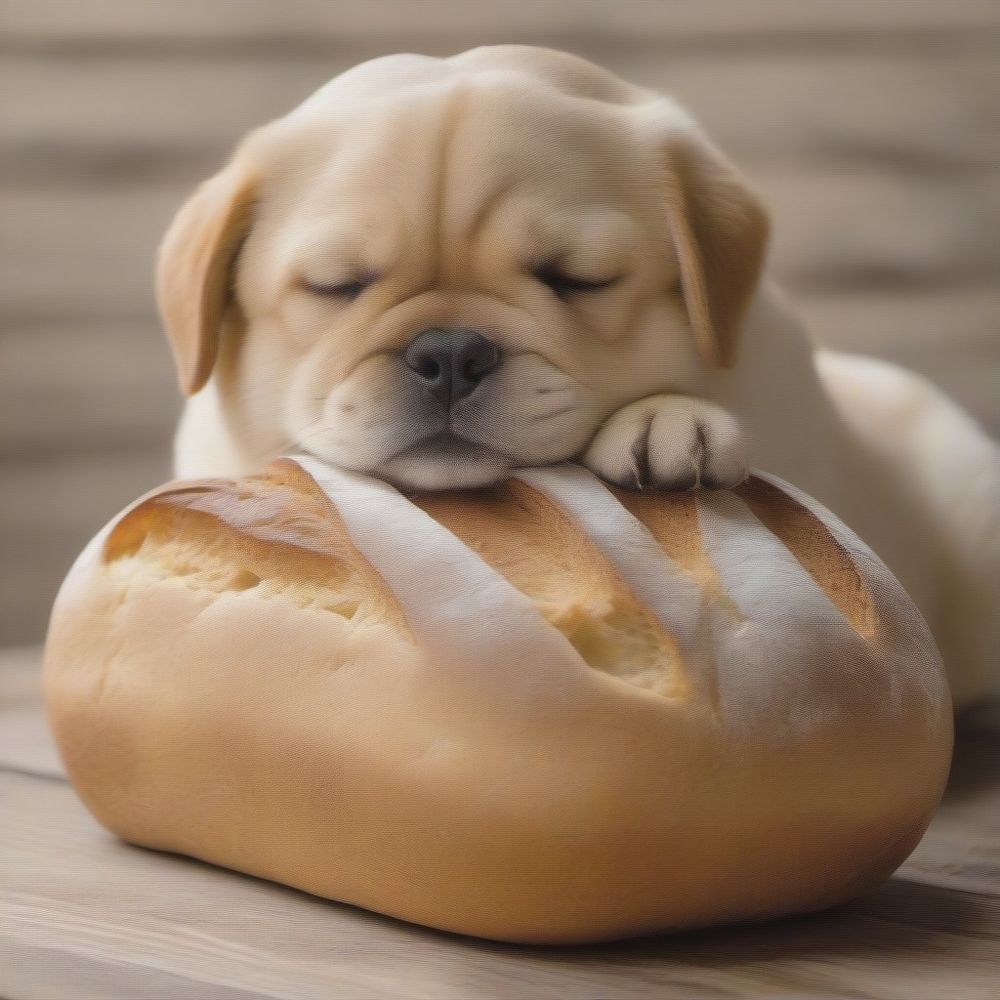 A puppy sleeping with its head and one paw on a loaf of bread