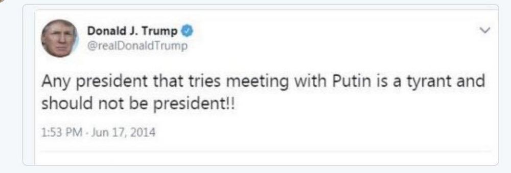 Tweet fra 2014 hvor han sier at enhver president som tar et møte med Putin er en tyrann og ikke presidentverdig.