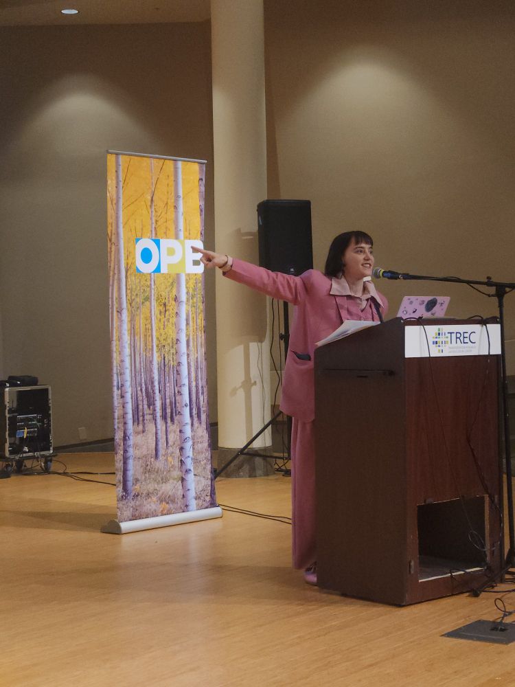 Lillian Karabaic speaks at a lectern
