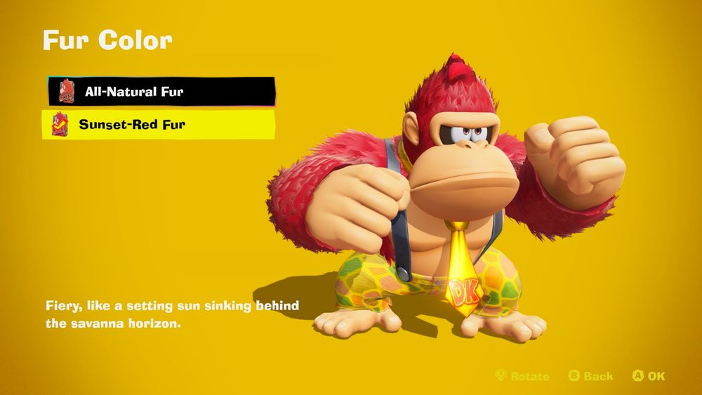 red fur donkey kong with yellow pants and tie. 