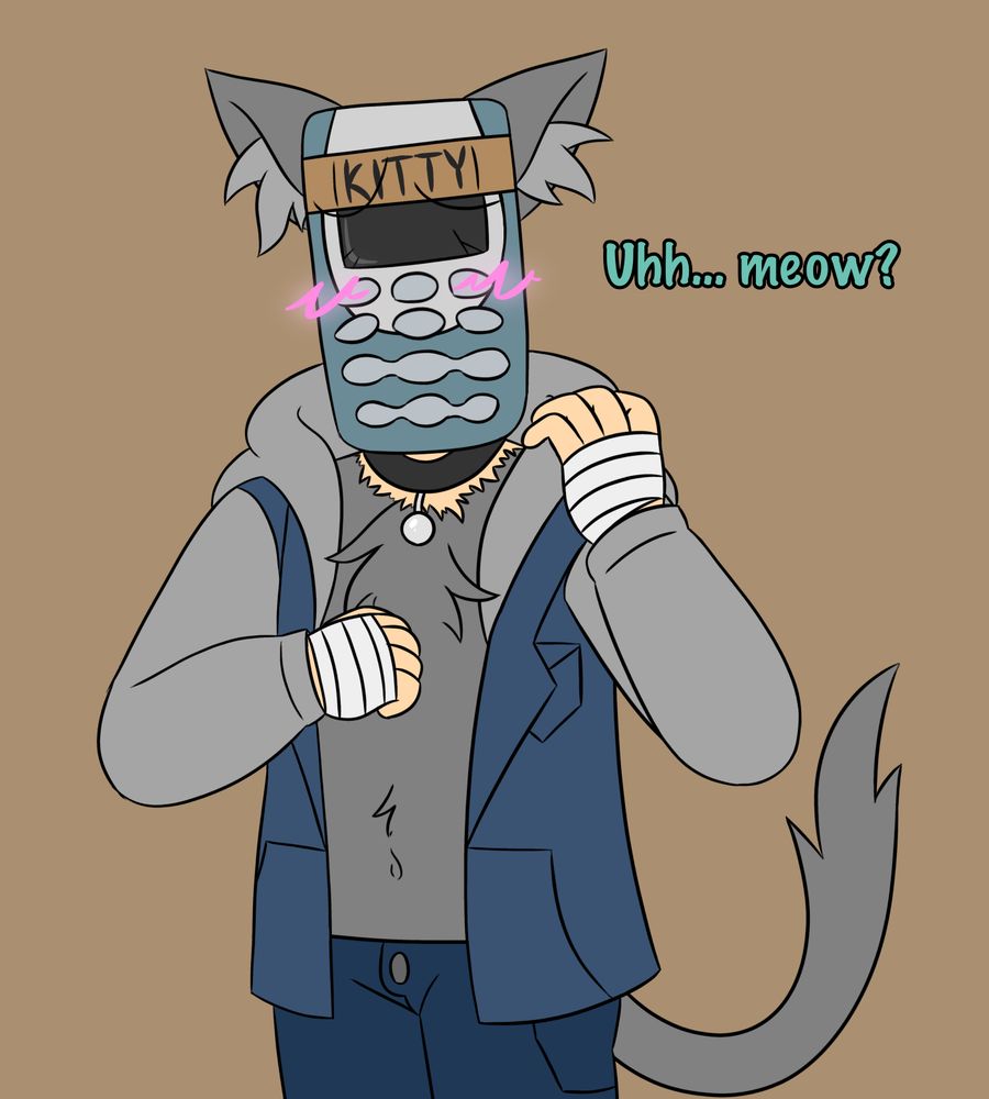 A digital drawing of Randy Jade from Dialtown. He is drawn with grey cat ears, a tail, and furry torso. He is visibly embarrassed and blushing, saying "Uhh... meow?"