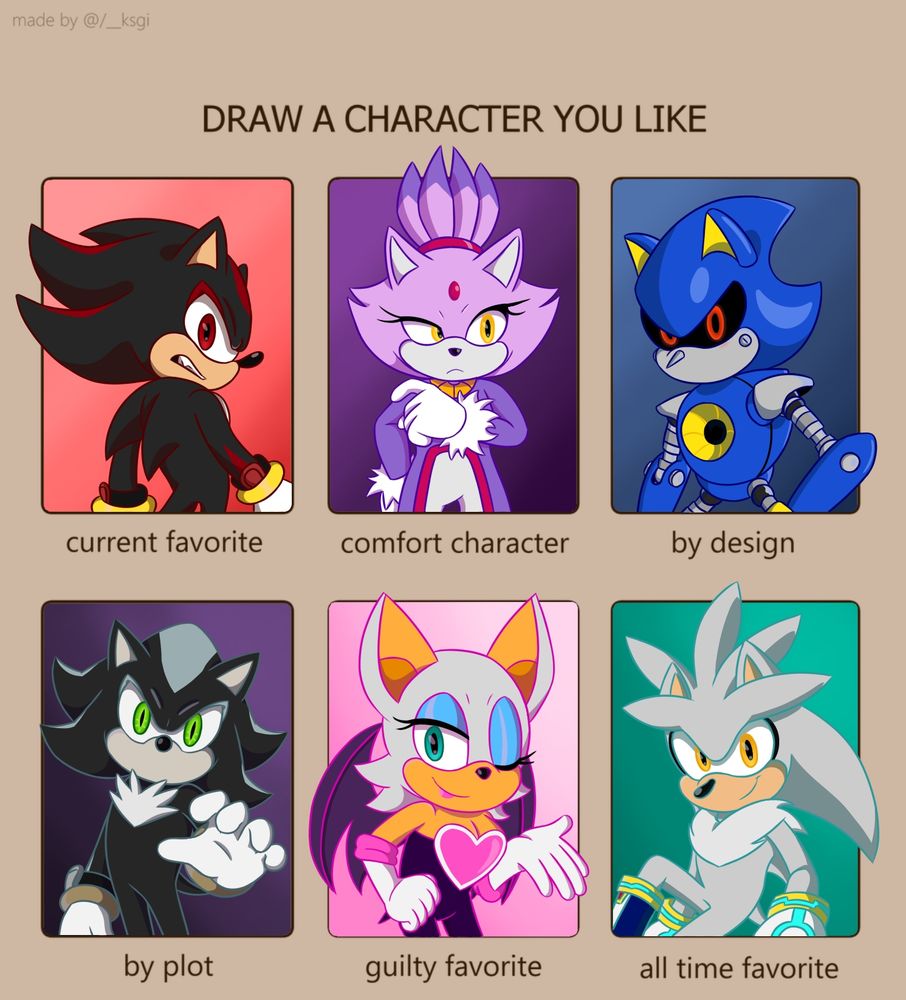 A digital “draw a character you like” template. In order, the characters drawn are Shadow as “current favorite”, Blaze “comfort character”, Metal Sonic “by design”, Mephiles “by plot”, Rouge “guilty favorite”, and Silver “all time favorite”.