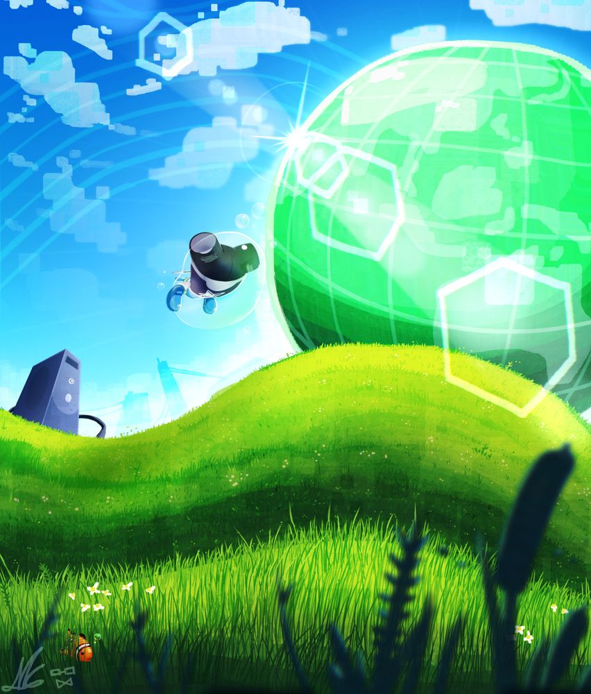A blue orb creature floats over a grassy plane, reminiscent of an age of the internet we have since moved on from. A lone clown fish floats though the grass. A distant tower resembling a PC can be seen, along with a distant city.  