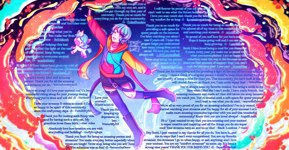 scott smajor in his chromia hoodie floating in the night sky with colors surrounding him, and with messages around the art piece to show the community’s support on his recent subathon.