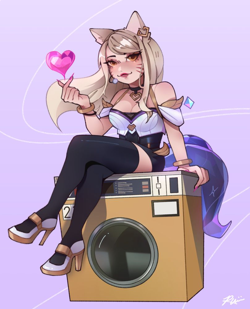 Digital illustration of K/DA Ahri, sitting on a yellow washing machine with her legs crossed, making a finger heart.