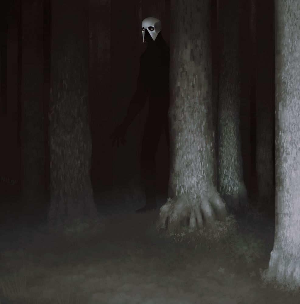 This is a drawing of a photo taken in a dark forest with the main focus being a dark large monster that has on an almost skull like helmet on its head.