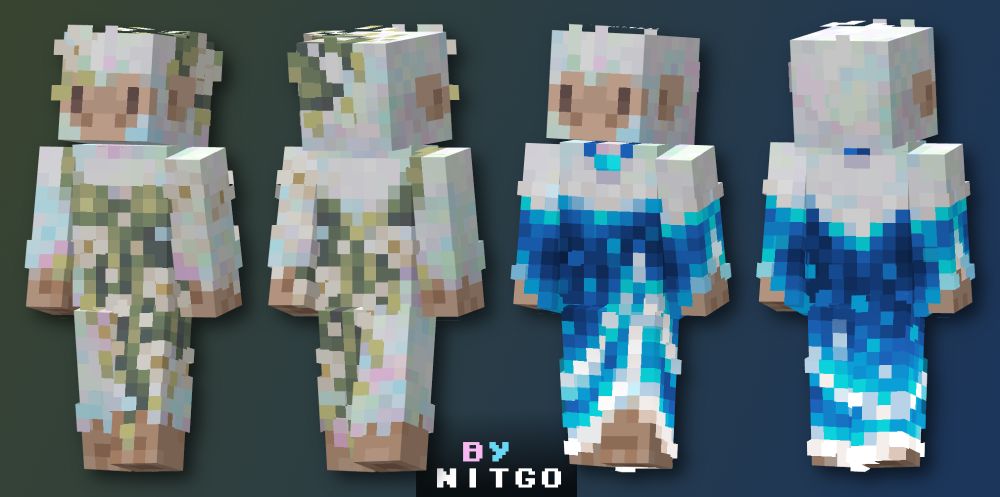 The one on the left is a jungle themed outfit, and the one on the right is an ocean themed dress.