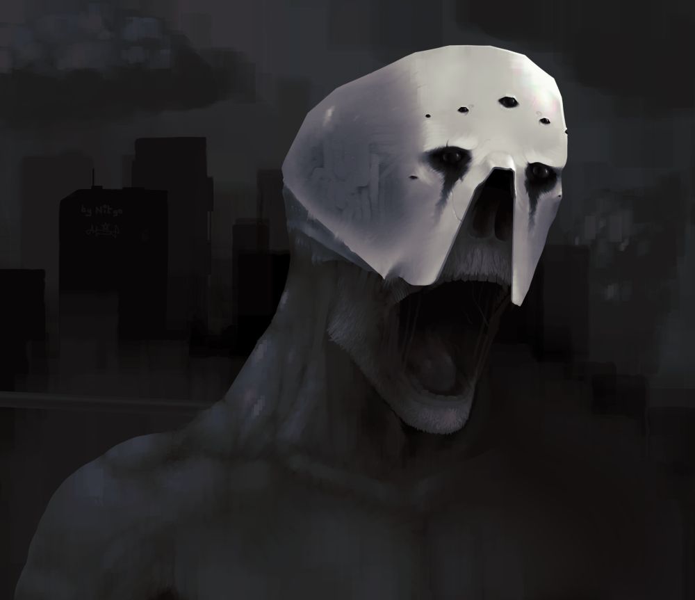 Dark, humanoid creature with an muscular neck and a skull-like helmet covering its face. The mask has deep eye sockets with black eyes, evoking a hollow, screaming expression. The background is a shadowy cityscape, adding to the eerie, dystopian tone.