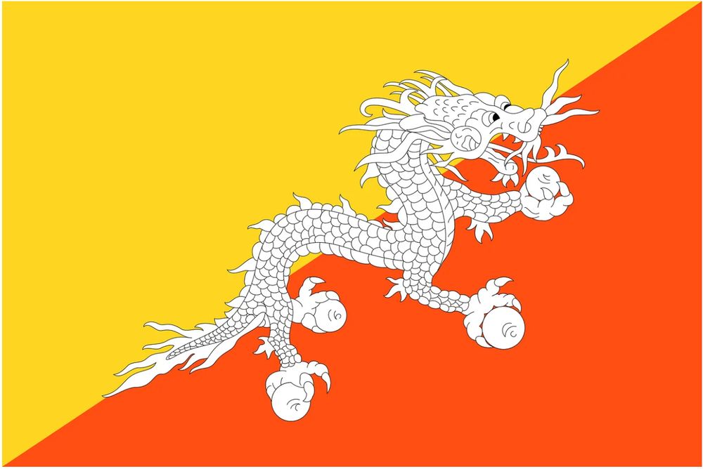The Bhutan flag is a gorgeous white oriental dragon against a joyful two-colour background divided on the diagonal: a yellow upper triangle and an orange lower triangle. 