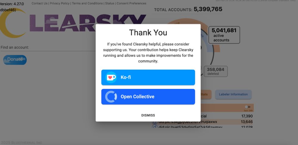 Screen shot of Clearsky saying: 
If you've found Clearsky helpful, please consider supporting us. Your contribution helps keep Clearsky running and allows us to make improvements for the community.
There are two buttons, one for ko-fi, one for open collective, and a DISMISS button. 