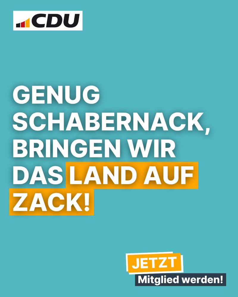 CDU-Plakat mit Text:
GENUG
SCHABERNACK, BRINGEN WIR DAS LAND AUF ZACK!
JETZT|
Mitglied werden!