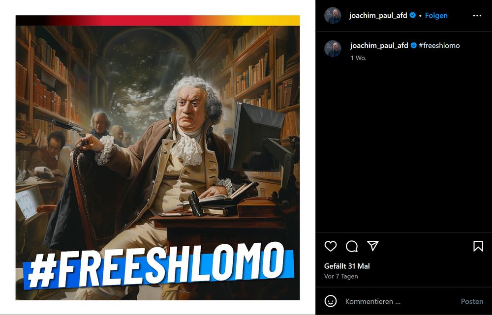 Instagram Beitrag von Joachim Paul, Mitglied des Landtags Rheinland-Pfalz für die AfD
Bild zeigt Avatar von Shlomo mit dem Text "#freeshlomo"