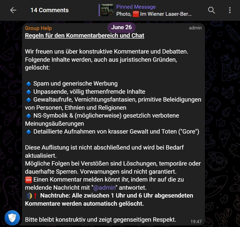 Kommentare unter dem Post auf dem Telegram-Kanal des Rechtsextremisten „Martin Sellner [TELEGRAMELITE]“ vom 26.06.2025 

Group Help:
"Regeln für den Kommentarbereich und Chat

Wir freuen uns über konstruktive Kommentare und Debatten. Folgende Inhalte werden, auch aus juristischen Gründen, gelöscht:

🔹 Spam und generische Werbung
🔹 Unpassende, völlig themenfremde Inhalte
🔹 Gewaltaufrufe, Vernichtungsfantasien, primitive Beleidigungen von Personen, Ethnien und Religionen
🔹 NS-Symbolik & (möglicherweise) gesetzlich verbotene Meinungsäußerungen
🔹 Detaillierte Aufnahmen von krasser Gewalt und Toten ("Gore")

Diese Auflistung ist nicht abschließend und wird bei Bedarf aktualisiert.
Mögliche Folgen bei Verstößen sind Löschungen, temporäre oder dauerhafte Sperren. Vorwarnungen sind nicht garantiert.
🆘 Einen Kommentar melden könnt ihr, indem ihr auf die zu meldende Nachricht mit "@admin" antwortet.
🌒❗ Nachtruhe: Alle zwischen 1 Uhr und 6 Uhr abgesendeten Kommentare werden automatisch gelöscht.

Bitte bleibt konstruktiv und zeigt gegenseitigen Respekt."
19:47