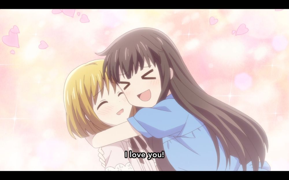 Screenshot from Fruits Basket (2019) ep. 20.
Tohru is hugging Kisa and says "I love you!"