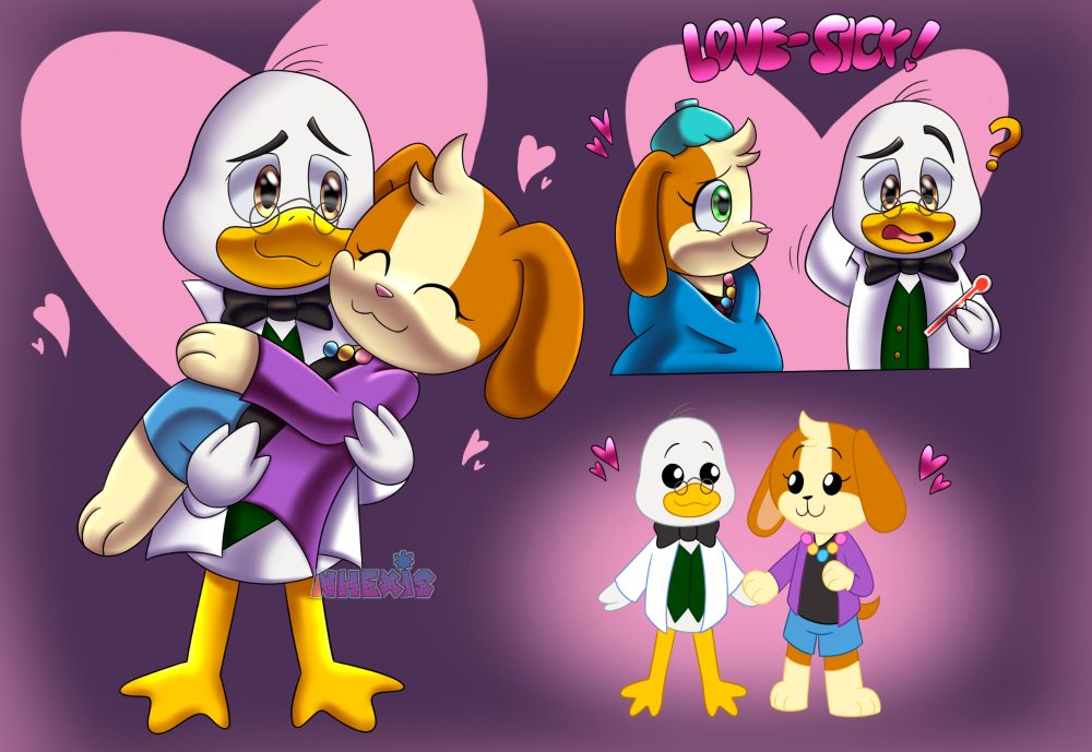Various drawings of a self-insert character with Dr. Quack from Webkinz.
Left drawing: Dr. Quack carrying self-insert bridal style
Top right: Self-insert with an ice pack and blanket, Dr. Quack to the left of her looking confused. Bubble text words "LOVE-SICK!" can be seen above them
Bottom right: Chibis of Dr. Quack and self-insert