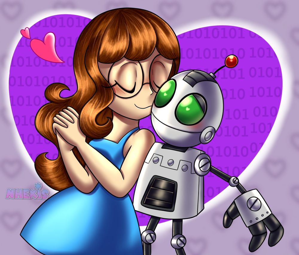 Yumeship art of Nhexis' persona and Clank from the Ratchet and Clank series. She is giving him a little kiss on the cheek. :3