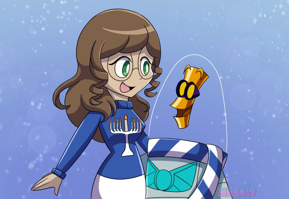 Self-insert character and XR from Buzz Lightyear of Star Command wearing Hanukkah themed clothing